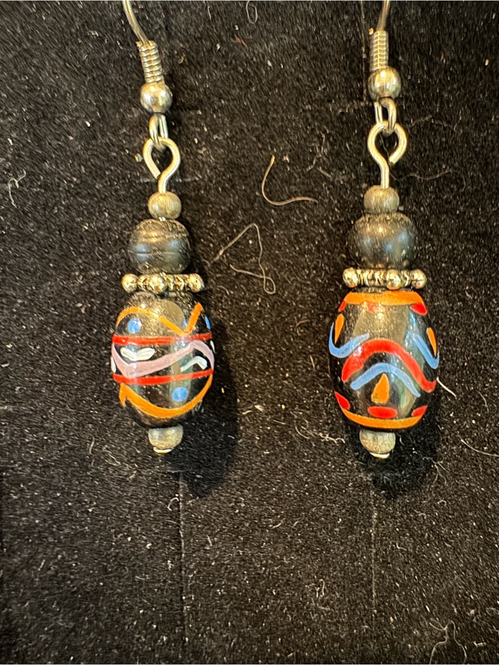 Hand Painted Black Bead Dangle Earrings Colorful Tribal Boho Artisan Style